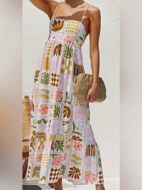 Bohemian Patchwork Maxi Dress - White Pink Green